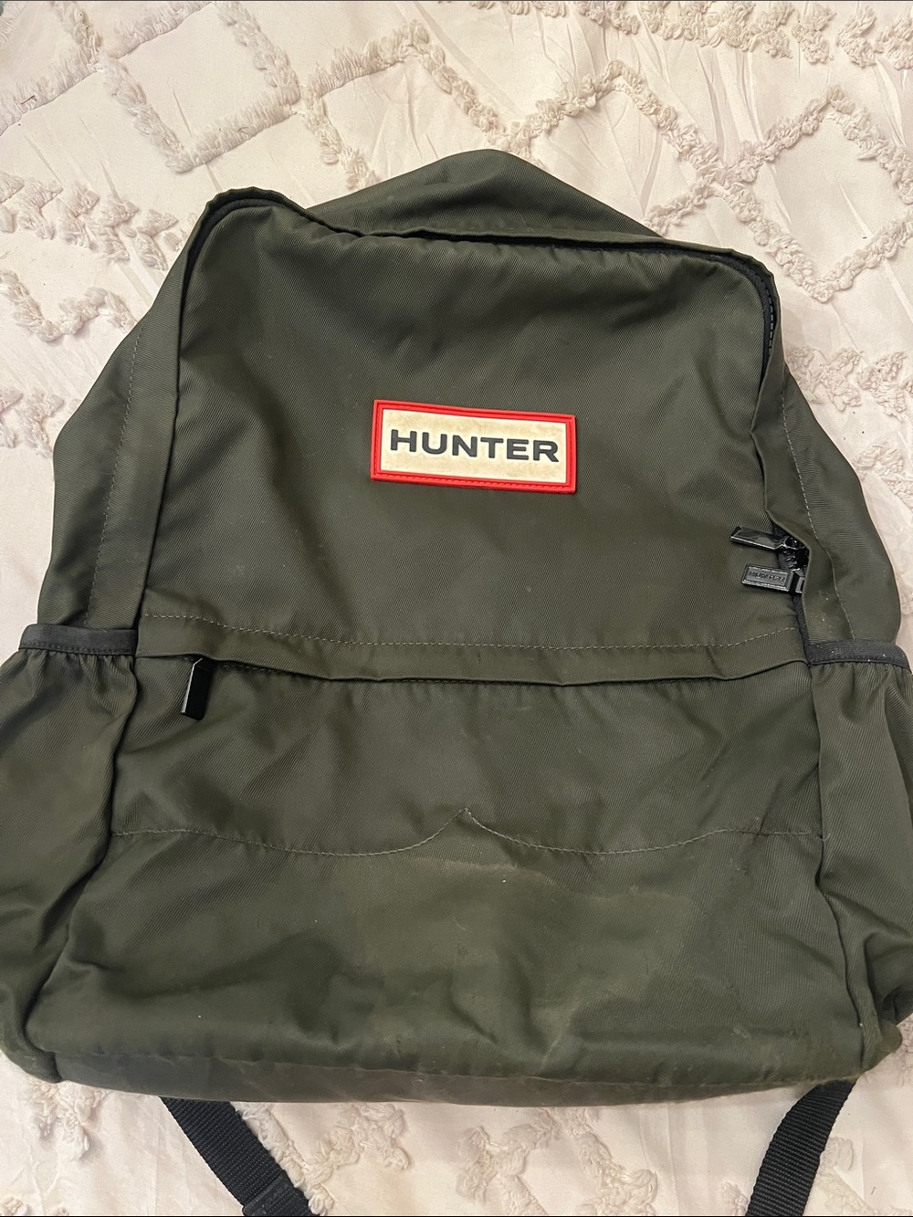 Hunter Dark Olive Green Backpack with Red Logo Trim
